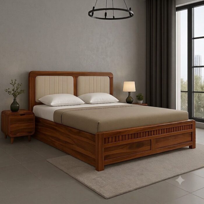 Modern Wooden Cot with Dual Upholstered Headboard
