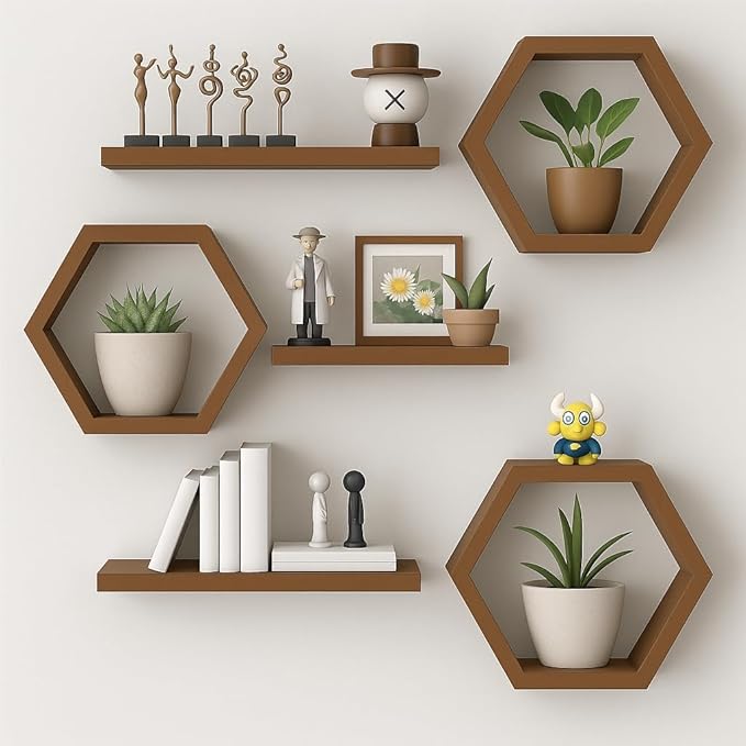 Hexagon & Floating Ledge Wall Shelf Set (Set of 6)