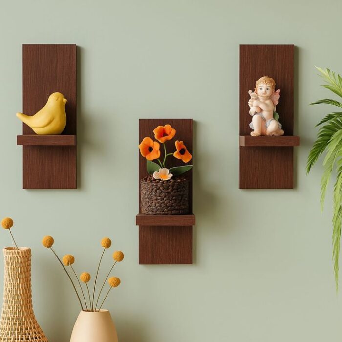 Minimalist Dark Walnut Single-Ledge Wall Shelf Set
